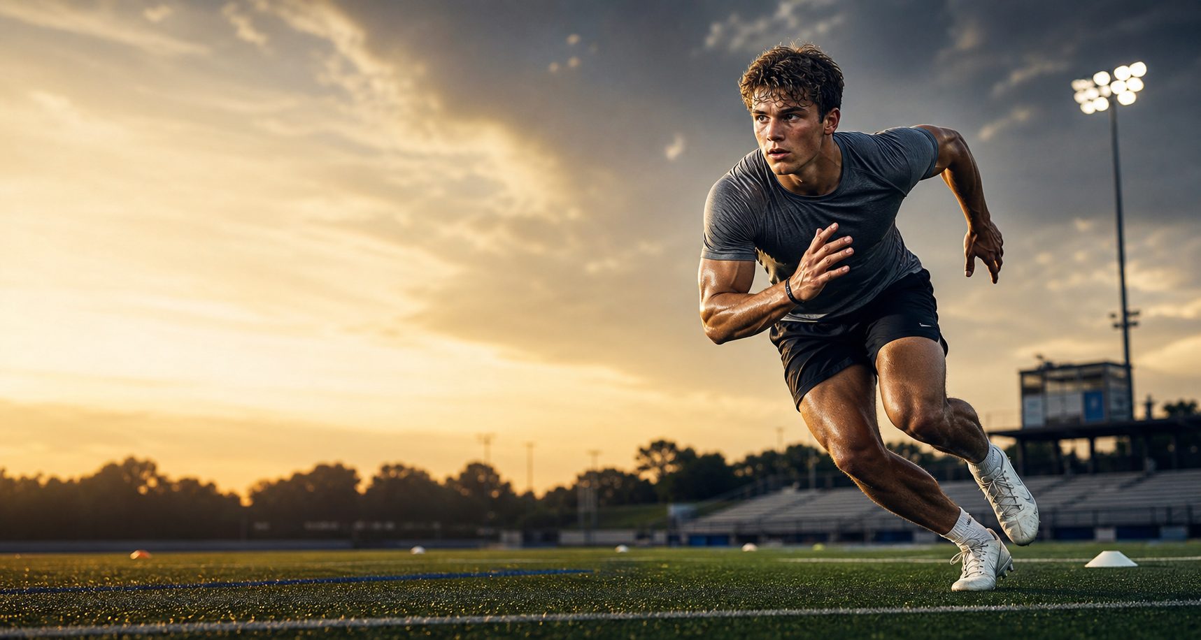 Focused young athlete sprinting with intensity on a sports field at dusk
