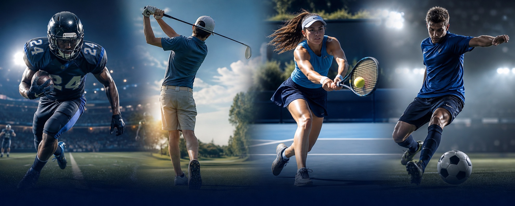 Football, golf, tennis, and soccer athletes competing with focus and intensity