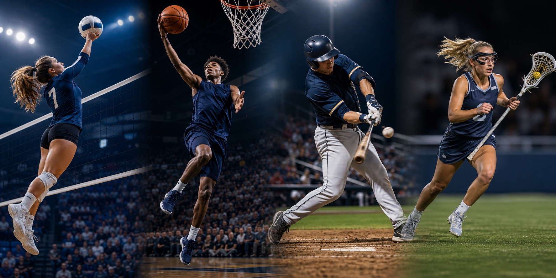 Volleyball, basketball, baseball, and lacrosse athletes competing under pressure