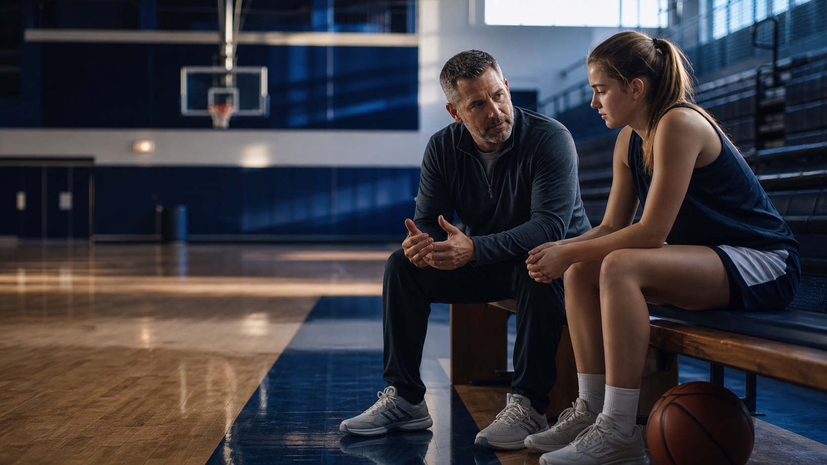 Coach having a focused conversation with a basketball athlete after practice