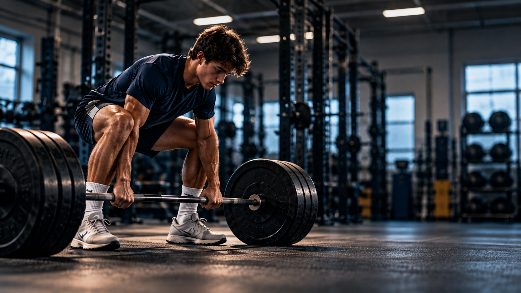 Athlete lifting weights by himself - praying