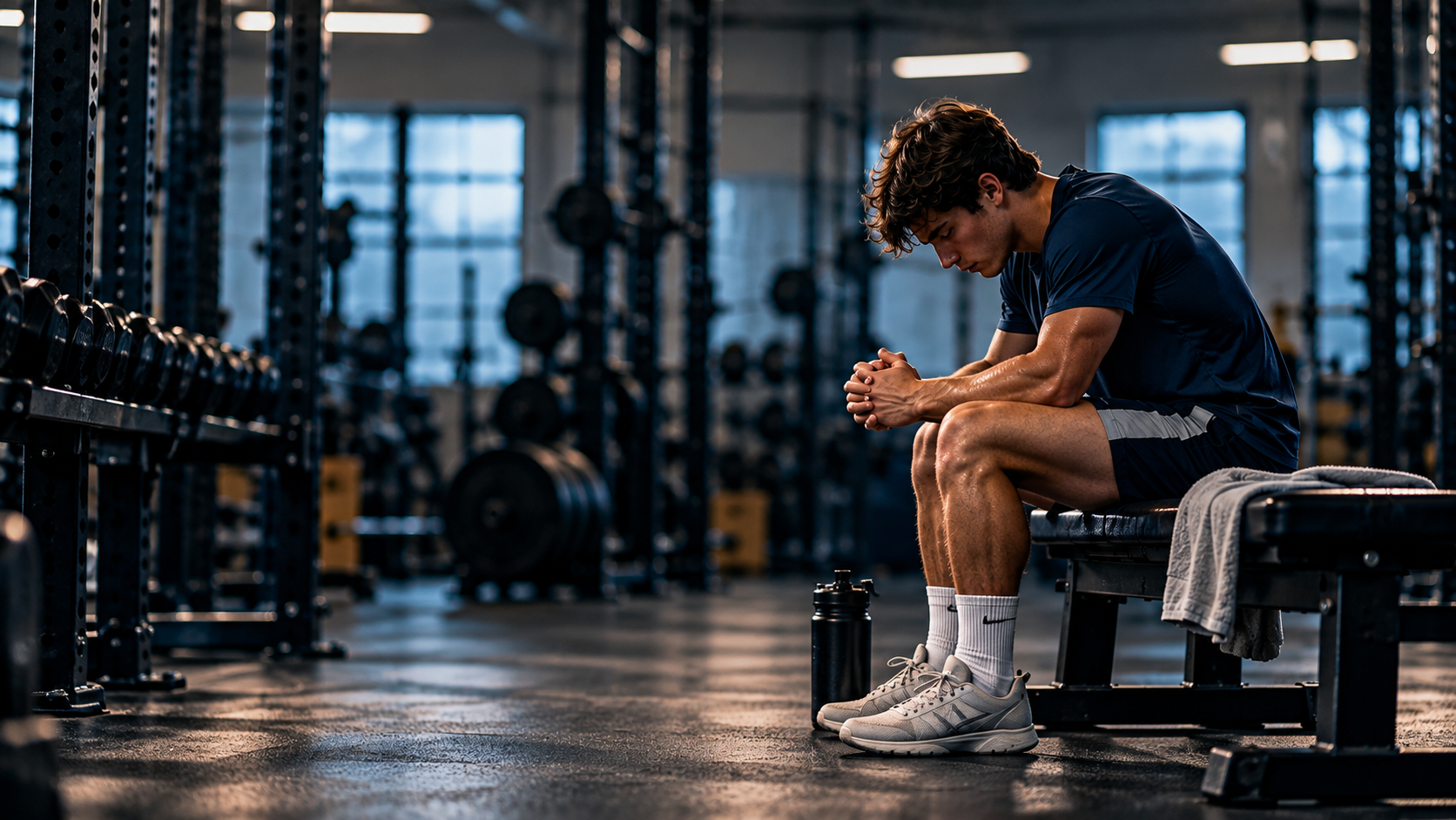 Athlete lifting weights by himself - praying