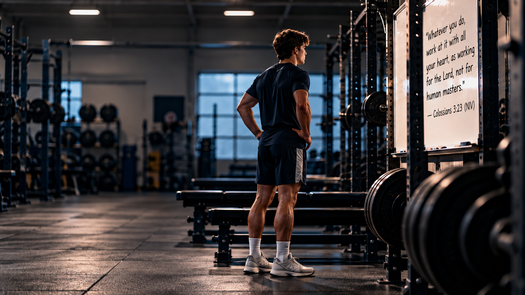 Athlete standing in a weight room beside a Scripture verse