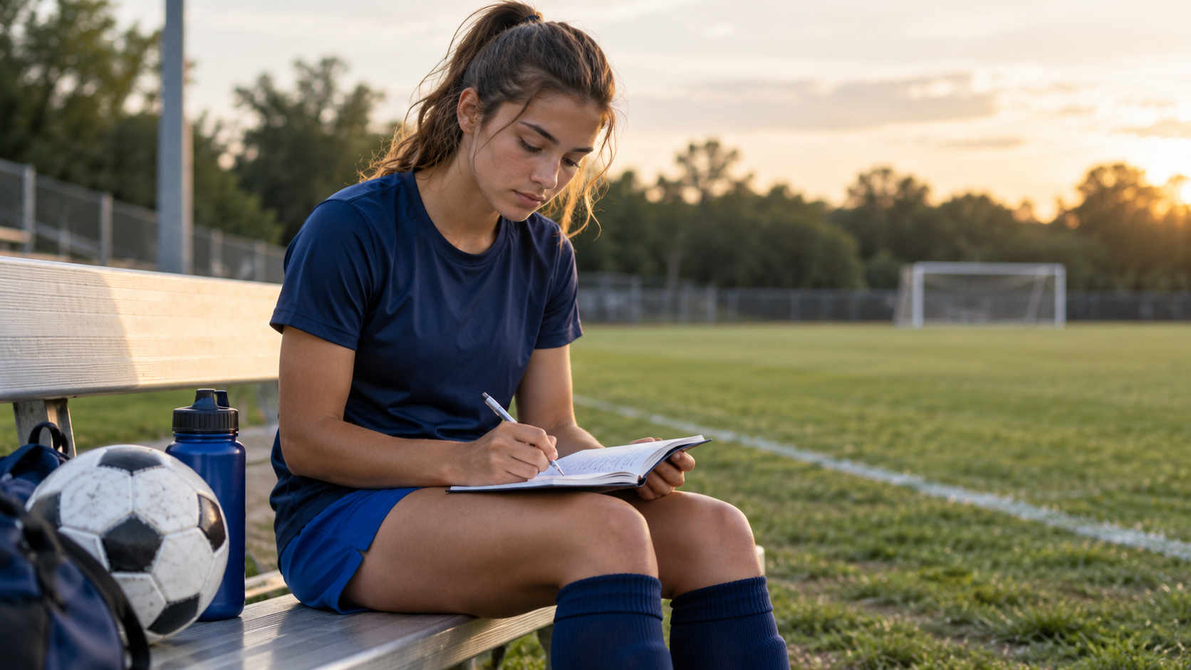 Soccer athlete writing in a notebook after practice